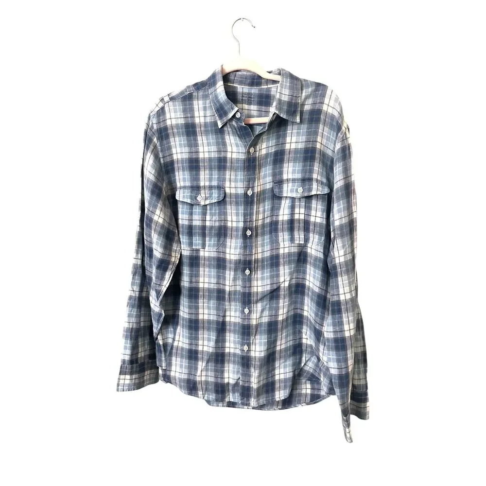 JCREW Irish Linen Plaid‎ Button Down Blue Large